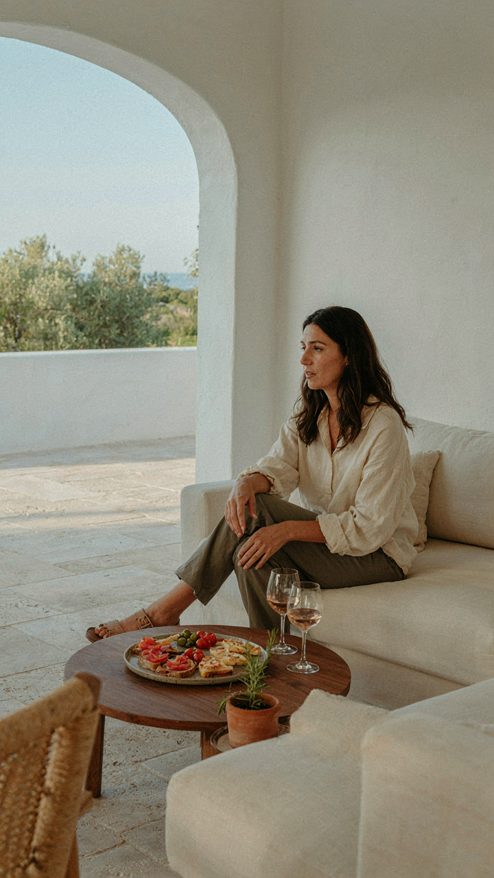 A calm host sitting and talking with a guest at a backyard party.