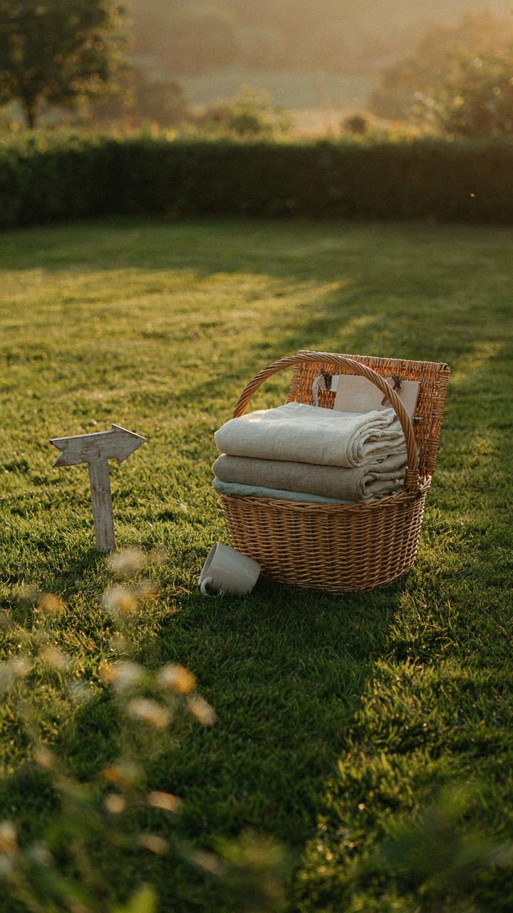 A perfectly styled outdoor blanket basket on a green lawn at sunset.