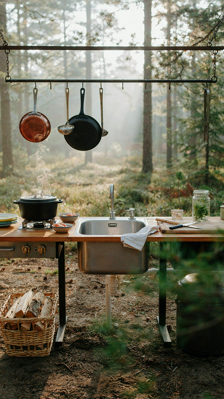 An overly elaborate and clean camp kitchen with a fancy sink.