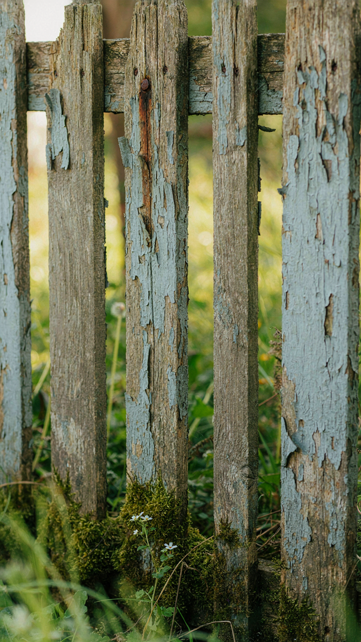 A close up shows a decaying wooden fence panel with peeling paint and moss.