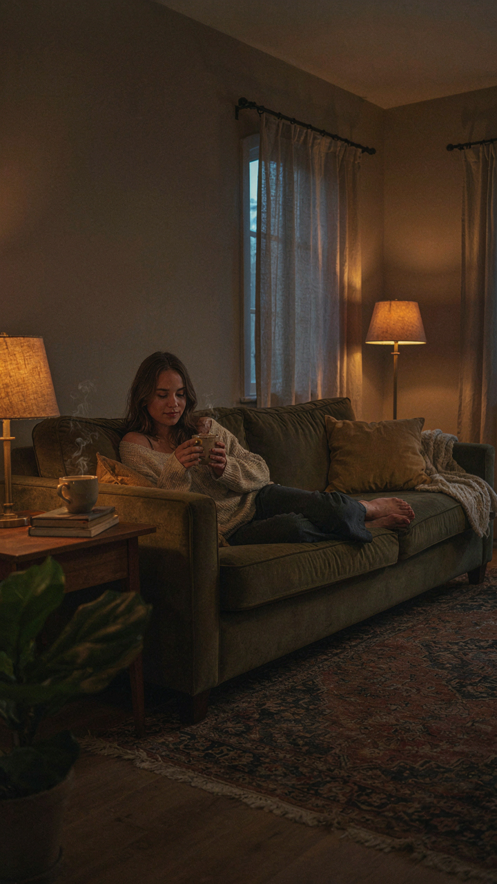 A person relaxes in a cozy, dimly lit living room.