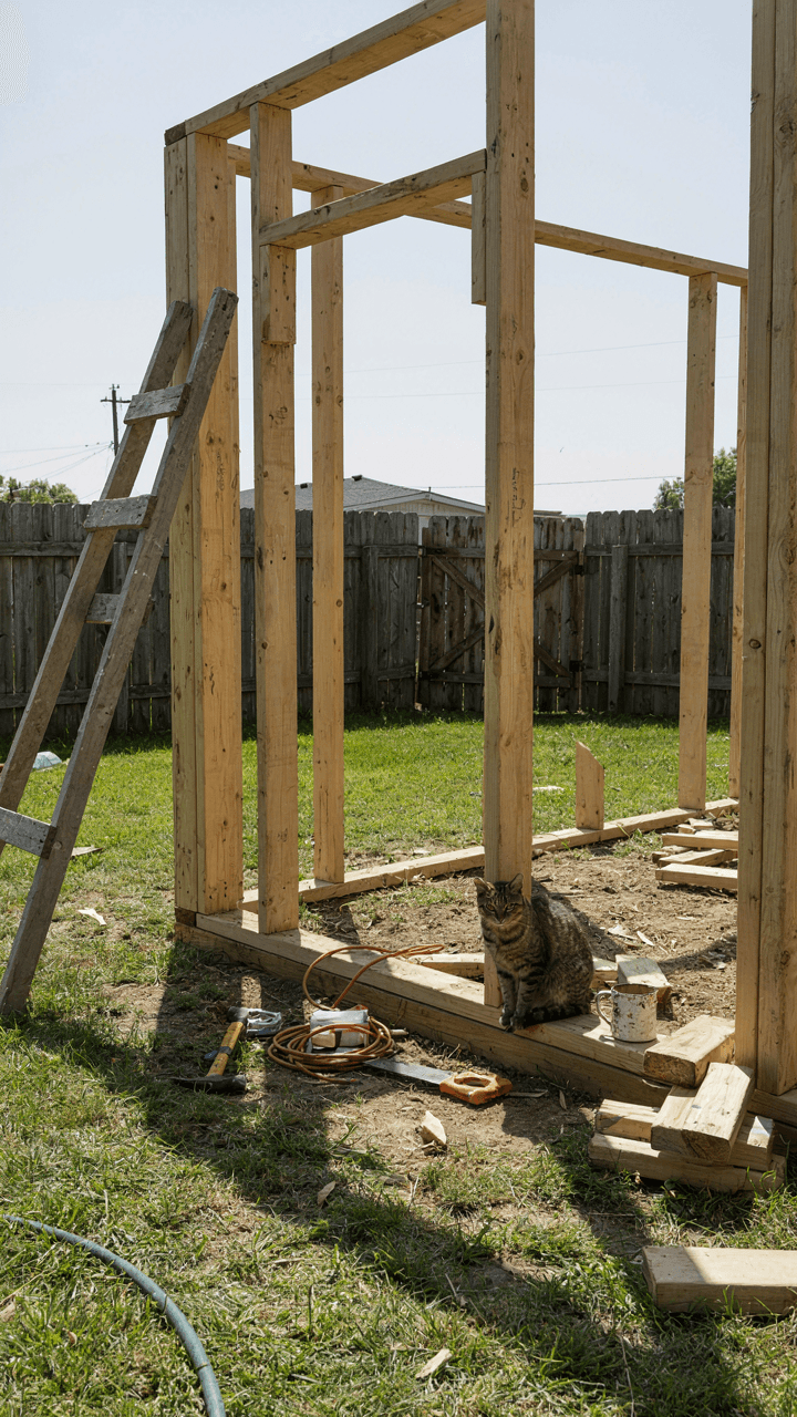 A poorly built wooden structure in a backyard, appearing unstable and unfinished.