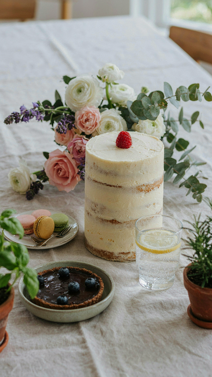 A garden birthday dessert table decorated with real fresh flowers and potted herbs.