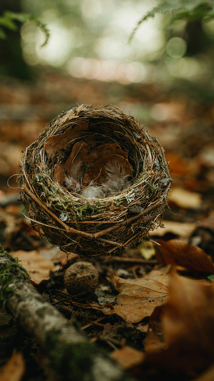 A cross section shows layers of natural materials in an animal's nest.