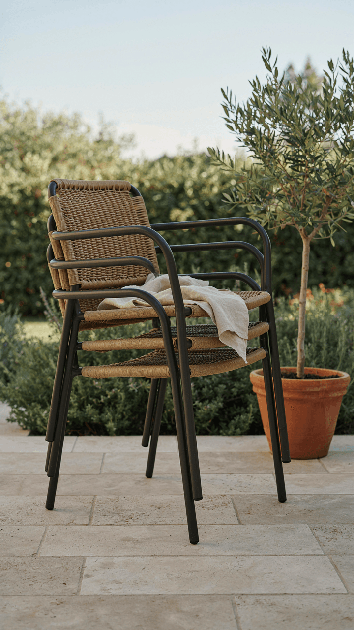 Modern outdoor chairs neatly stack on a small patio.
