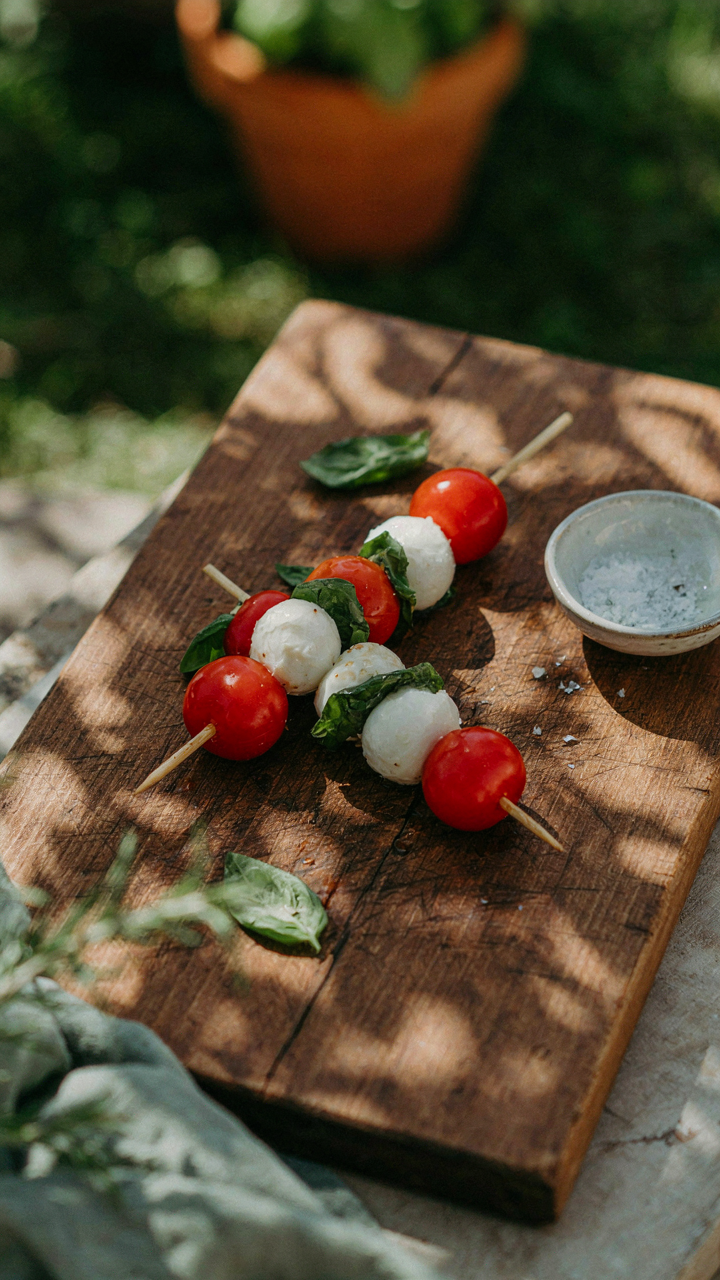 A vibrant caprese salad skewer rests on a wooden board.