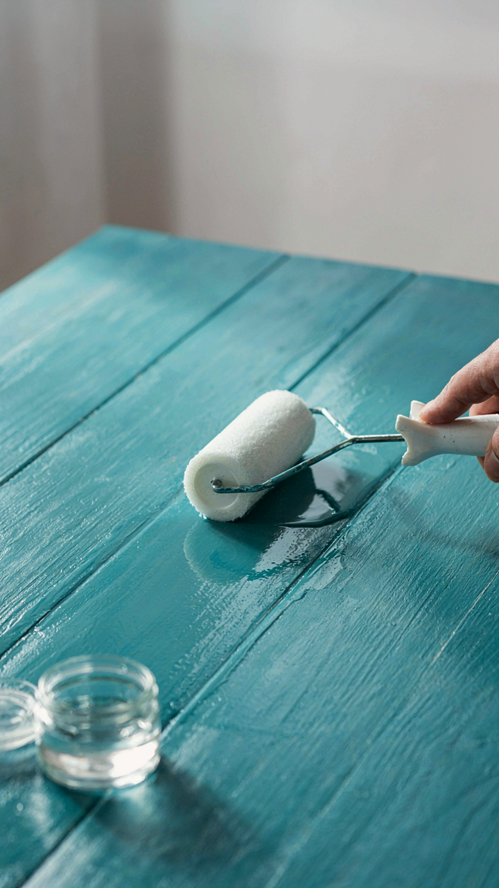 A clear topcoat is applied to a painted surface with a roller.