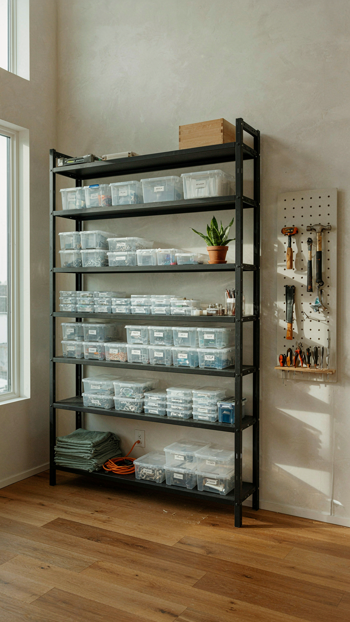 A vertical wall storage system with organized items, like a smart rv bedroom makeover.