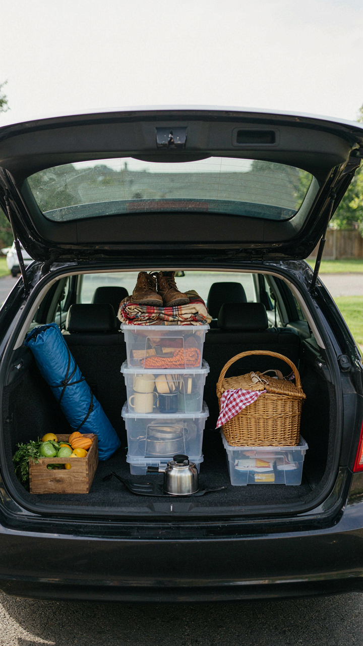 Camping supplies in a car trunk are in tilted, labeled bins for easy access.