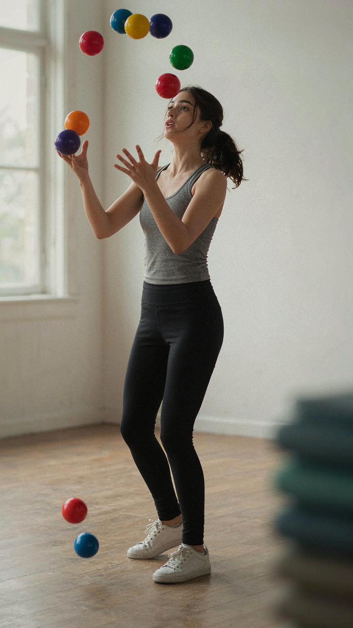 A person juggles many different colored balls, dropping some due to scattered focus.