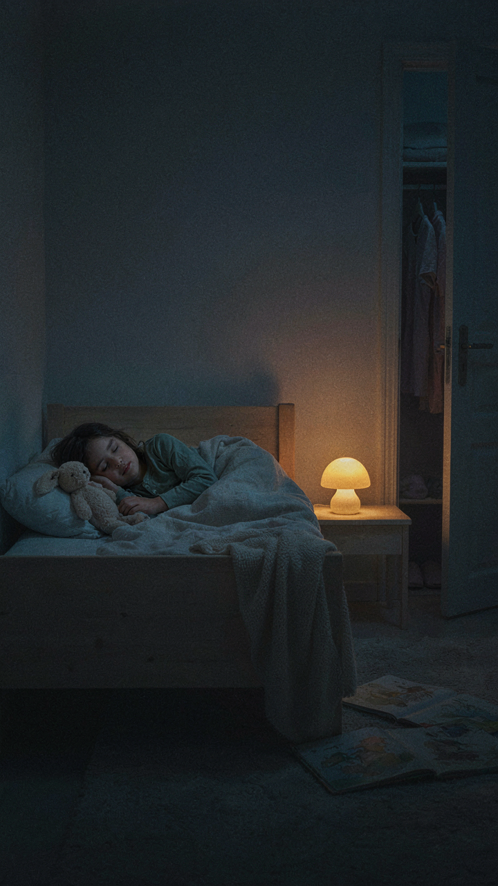 A child sleeping soundly in their bed with a soft night light glowing nearby.
