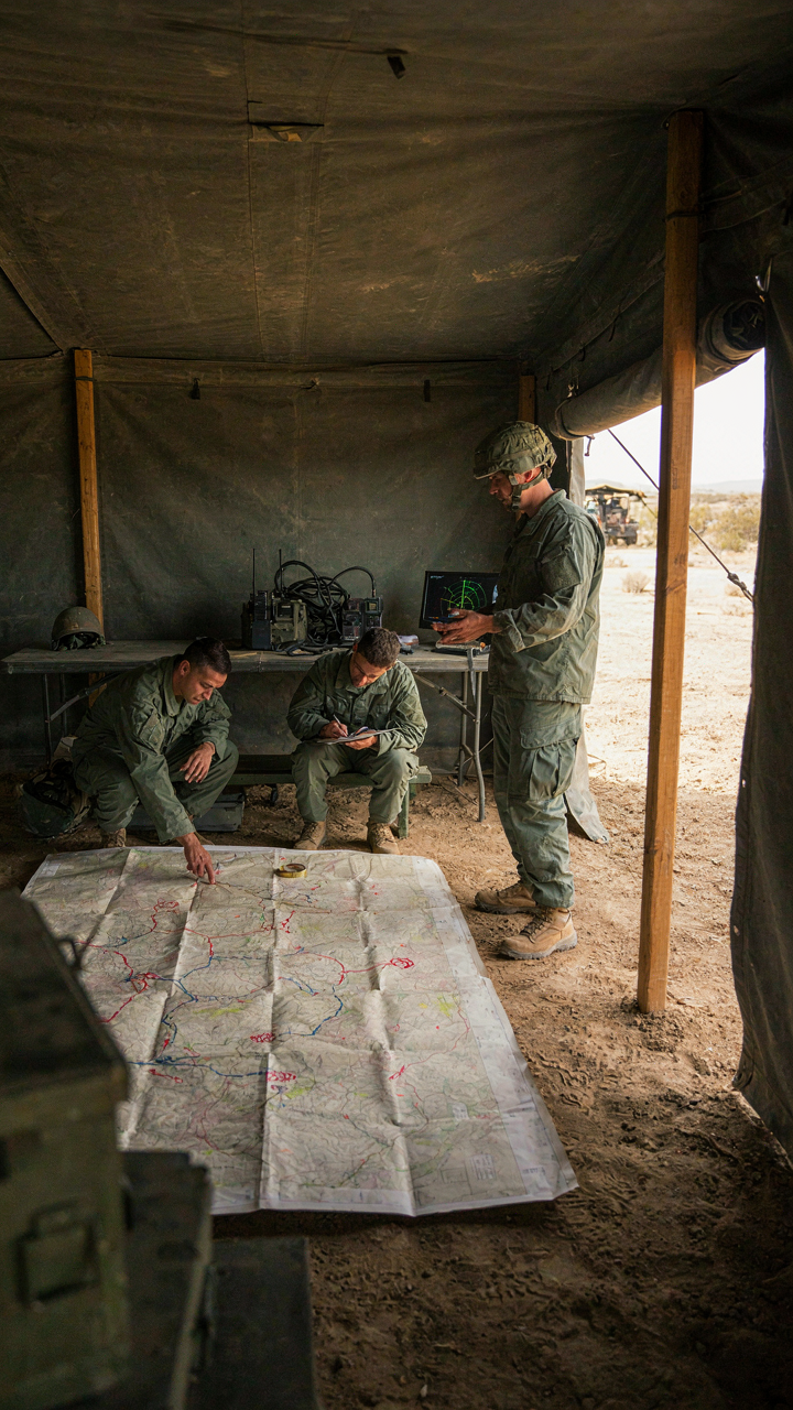 A military command tent with maps and communication gear.