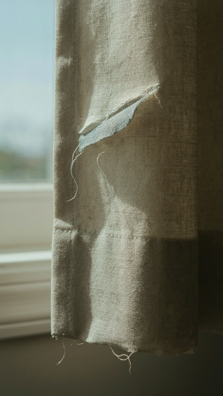 A close-up of a 'no-sew' curtain with frayed edges.