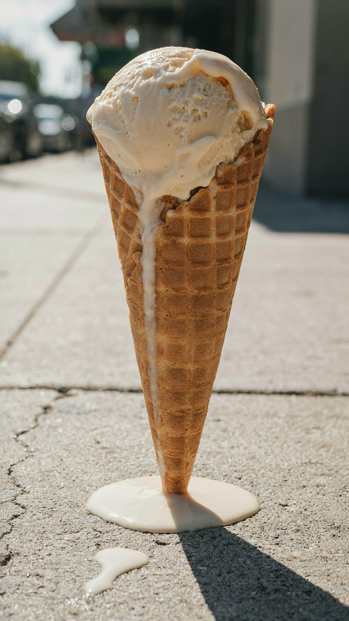 A melting ice cream cone drips onto a hot sidewalk.