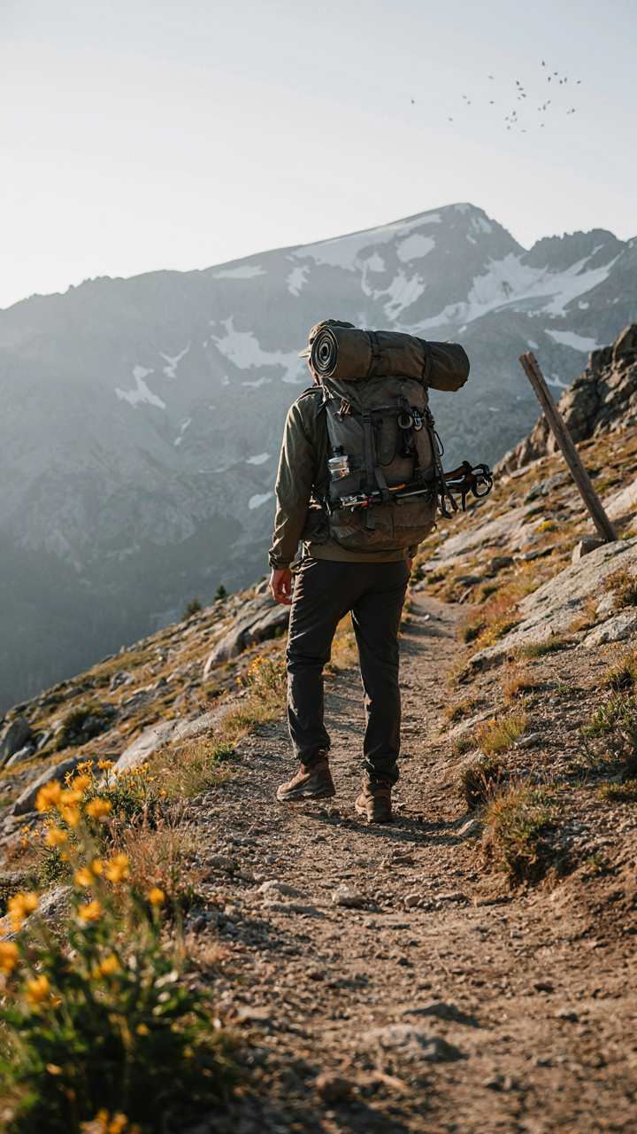 A hiker carries a packed canvas tent and essential gear on a mountain trail.