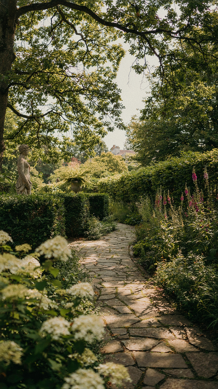 A subtle garden path in an old money estate, showing understated elegance.