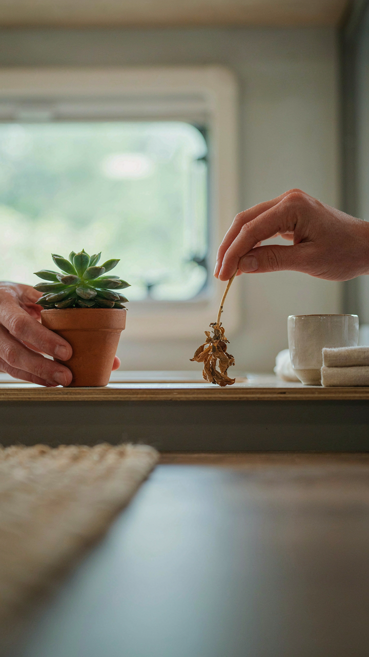 A hand puts a new plant in an RV as another hand removes an old one.