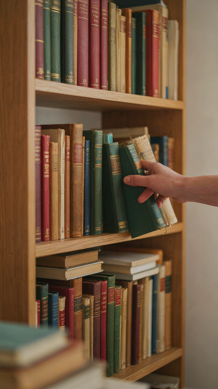 A hand puts a new book on a full shelf, making another book fall off.