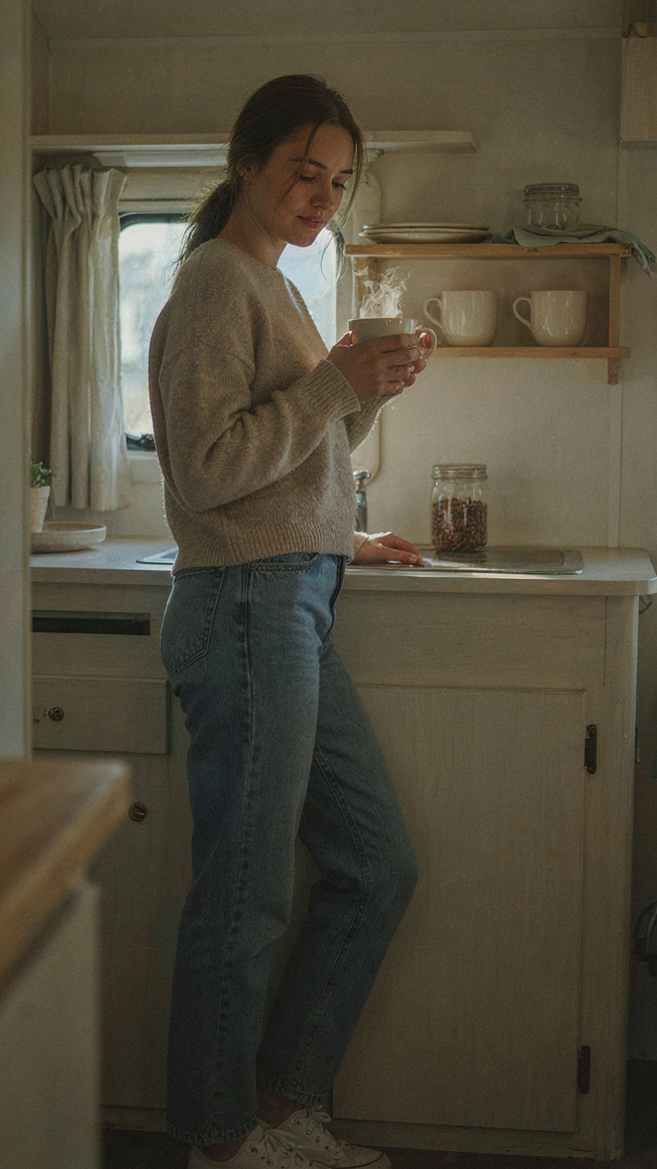 A person holds a new mug, looking at another mug on an RV kitchen shelf.