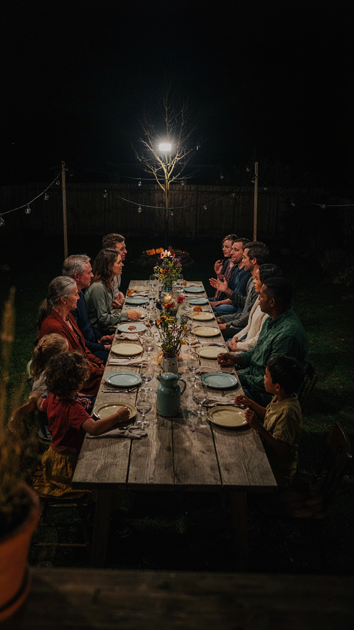 A backyard dinner party lit by only one bright overhead light source.