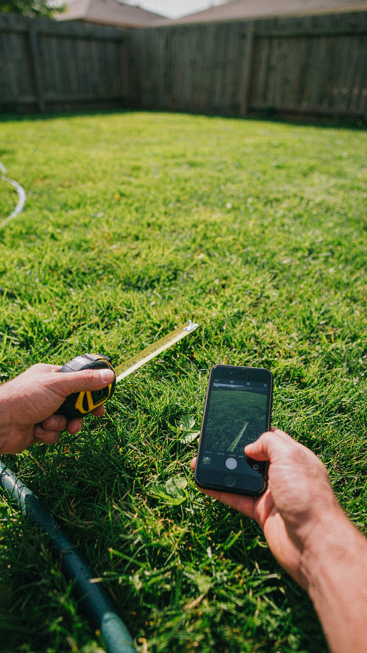 Hands hold a tape measure across grass in a backyard, with a phone ready.