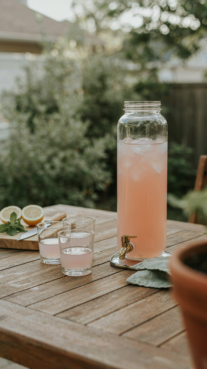 A simple and neat backyard drink station with one dispenser and glasses.