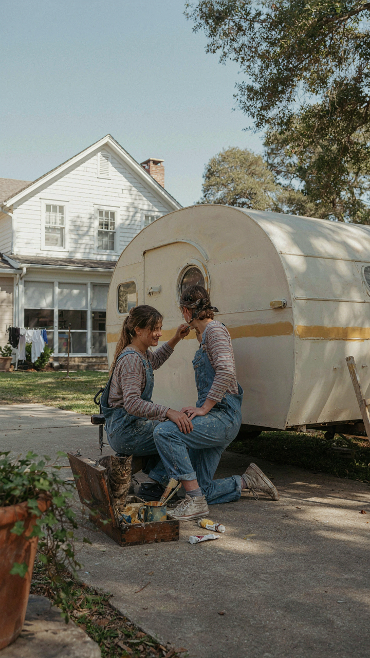A person painting a small, inexpensive vintage trailer with bright colors.