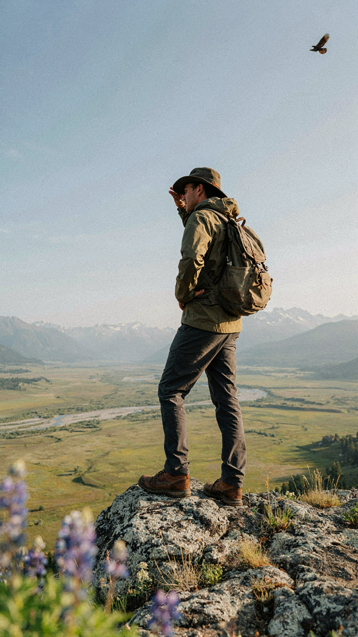 A camper surveys a landscape from a high point, strategically choosing a bug-free campsite.