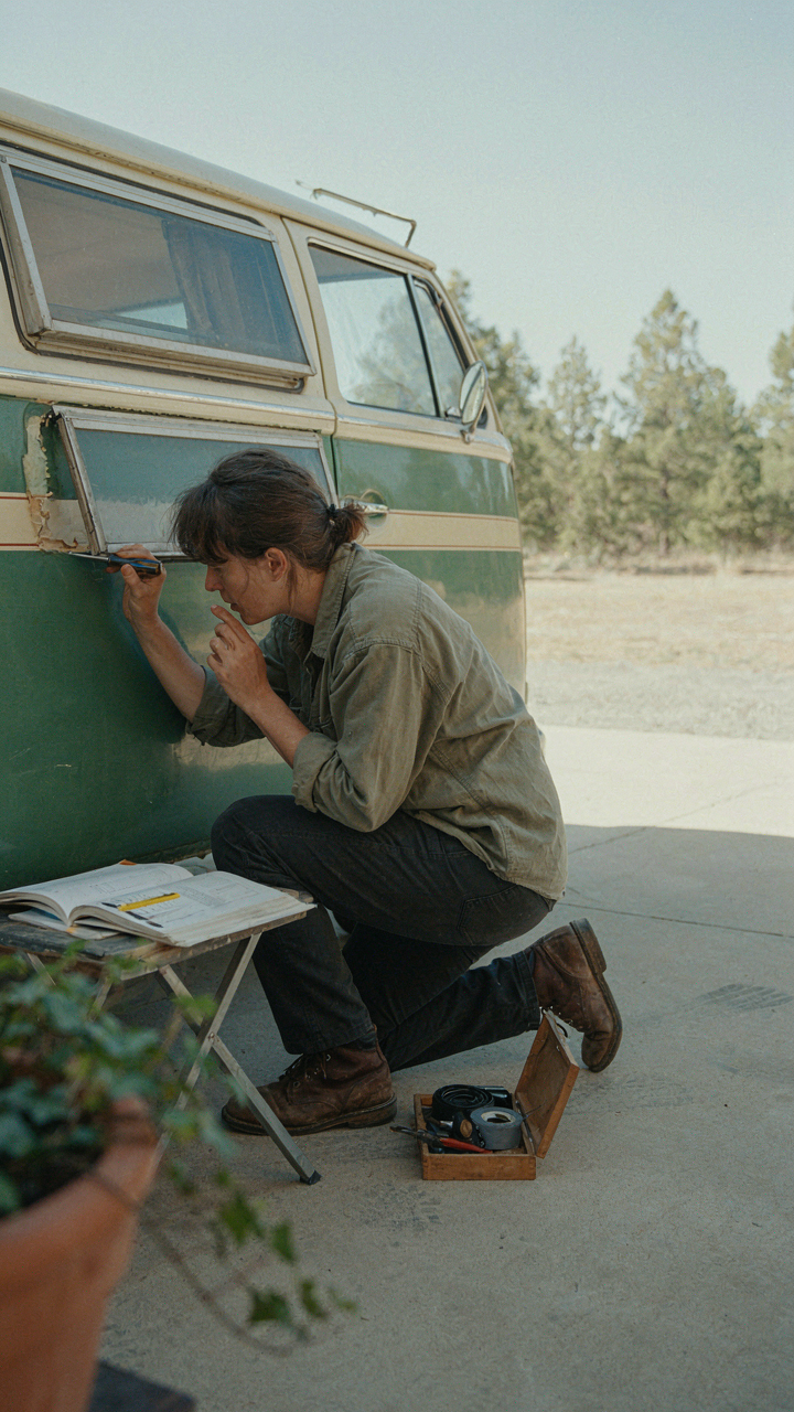 A person inspects a broken window seal on a camper, with a repair manual open.