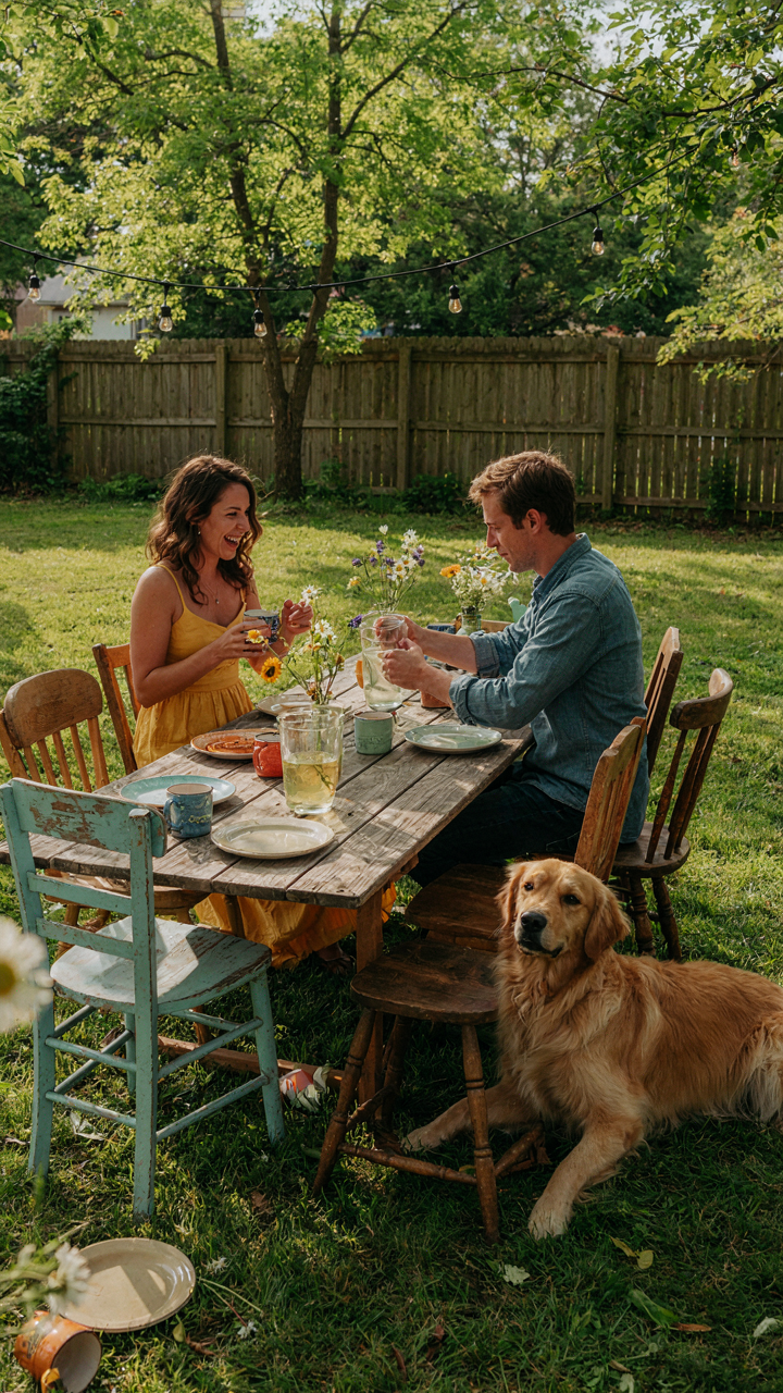An inviting outdoor gathering with mismatched chairs and simple decorations.