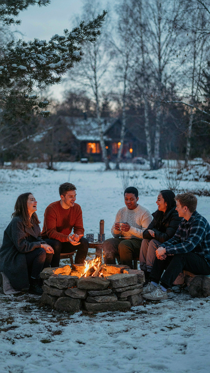 Friends laugh and talk around a fire pit in light snow.
