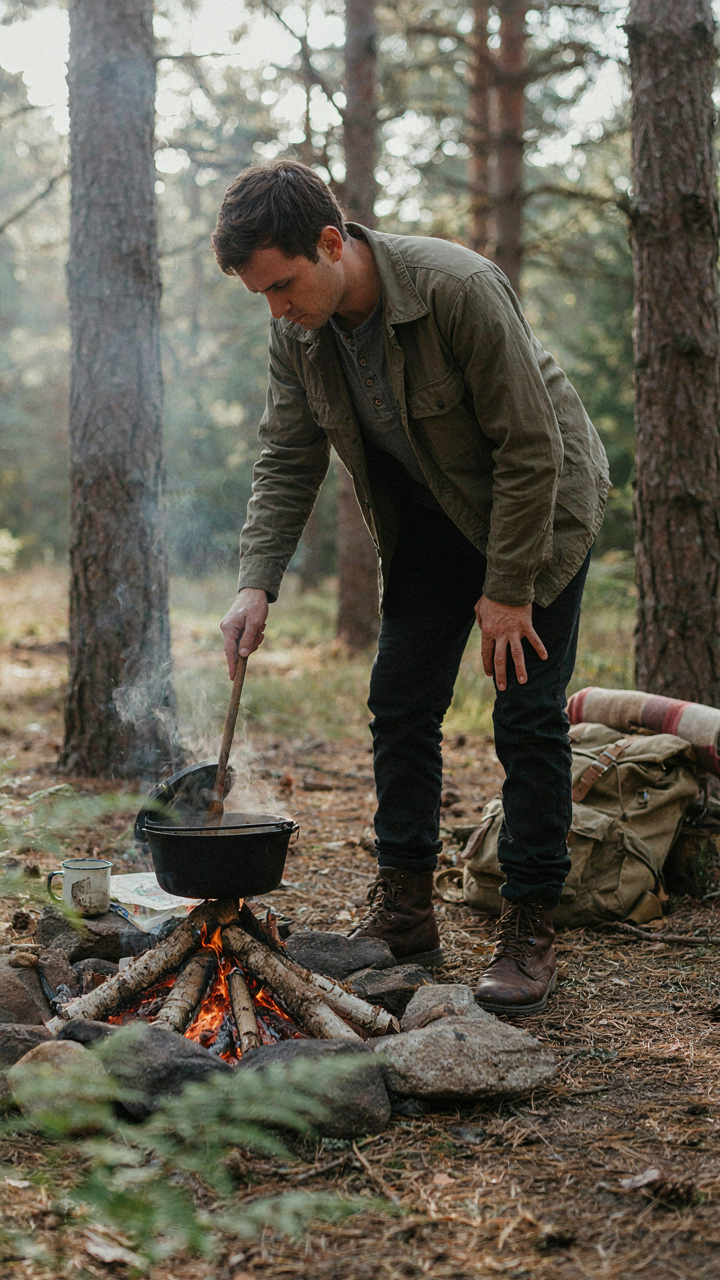 A camper thoughtfully stirs a pot over a small campfire.