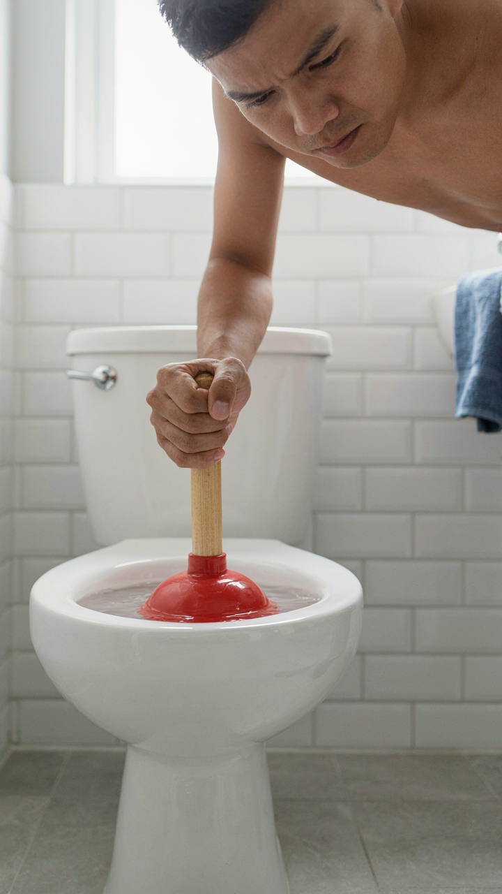 A person's hand confidently plunges a toilet with a determined expression.