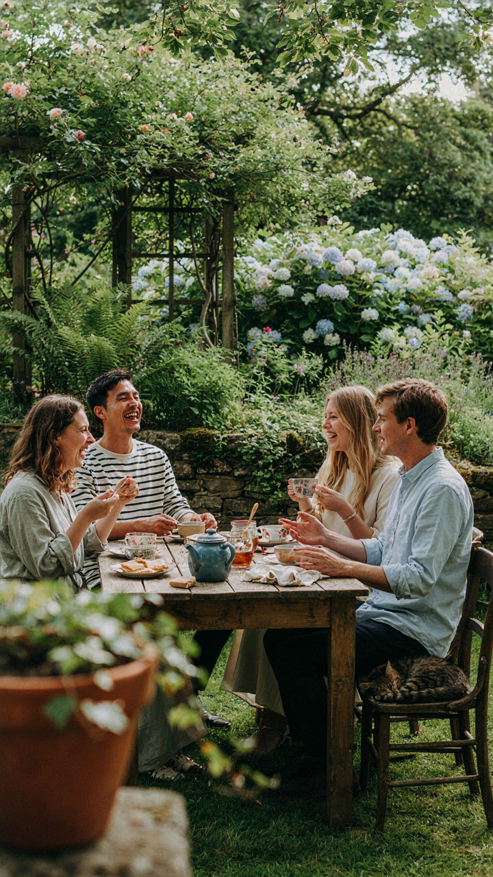 Friends enjoy a simple high tea in the garden with mismatched cups on a wooden table.