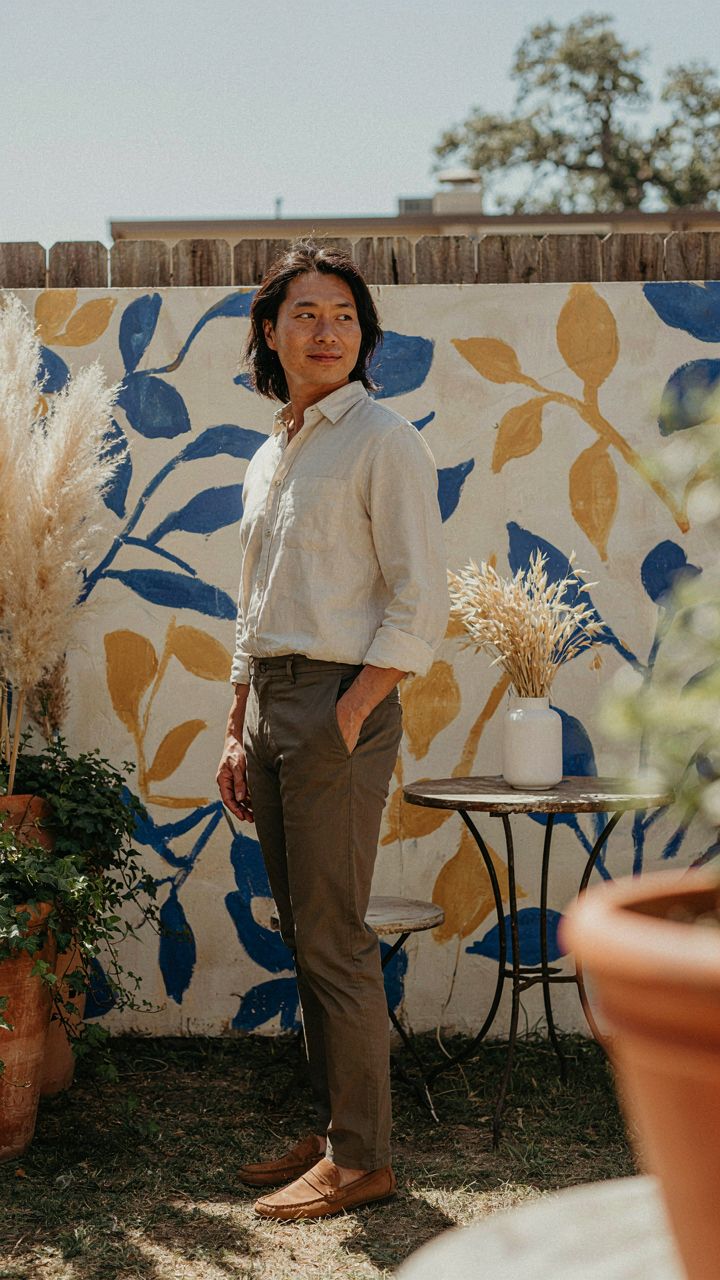 A confident adult smiling in a uniquely decorated backyard.