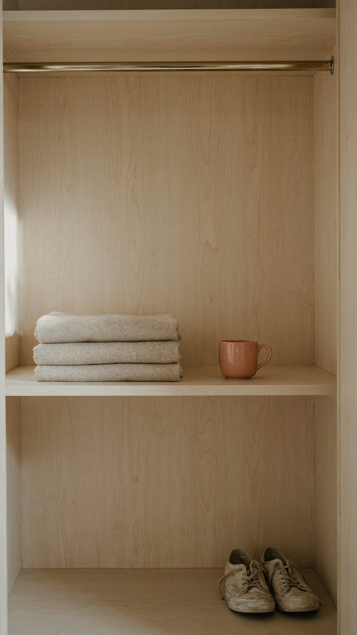 An almost empty, very clean RV closet with few items.