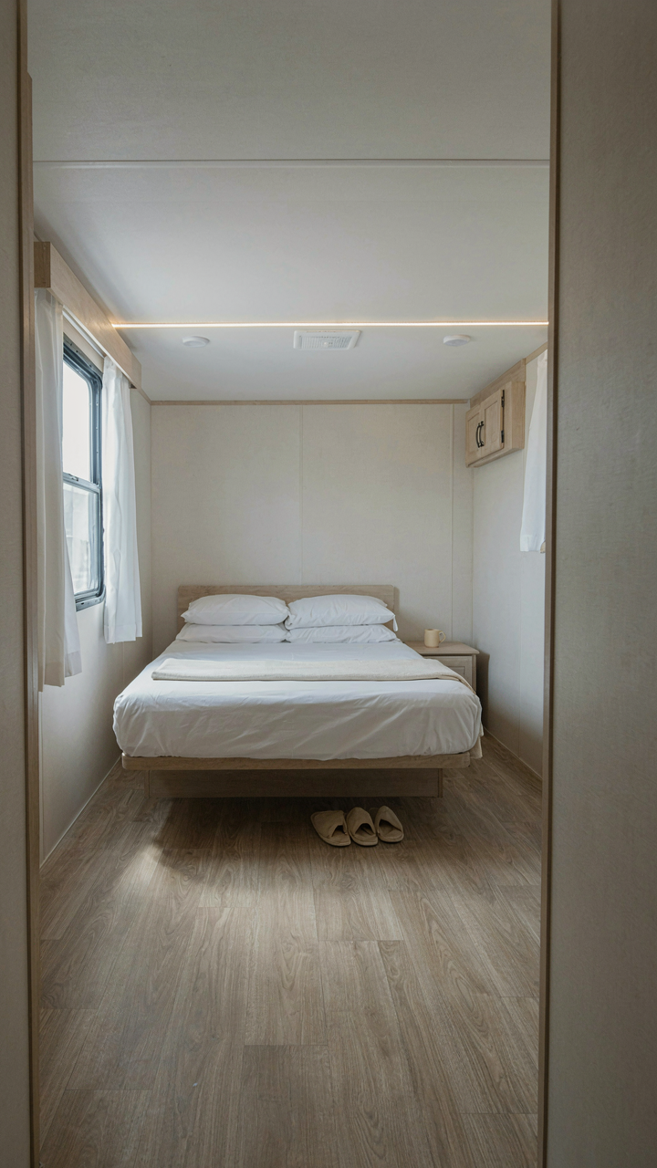 A clean, empty RV bedroom with only a made bed, showing a great rv bedroom makeover.