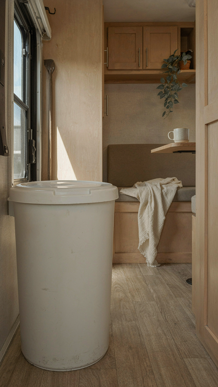 A large, empty trash can sits in a clean RV living space.
