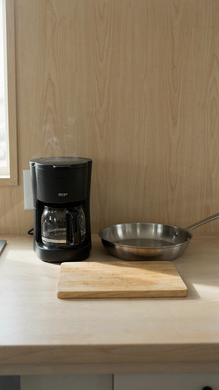 An rv kitchen counter holds only essential items like a coffee maker.