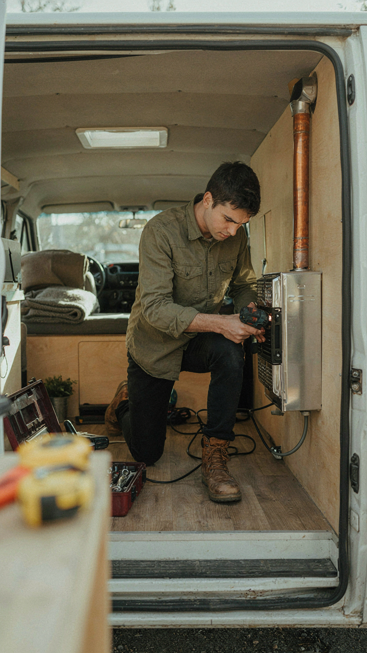 A person enthusiastically installs a new diesel heater in their van.