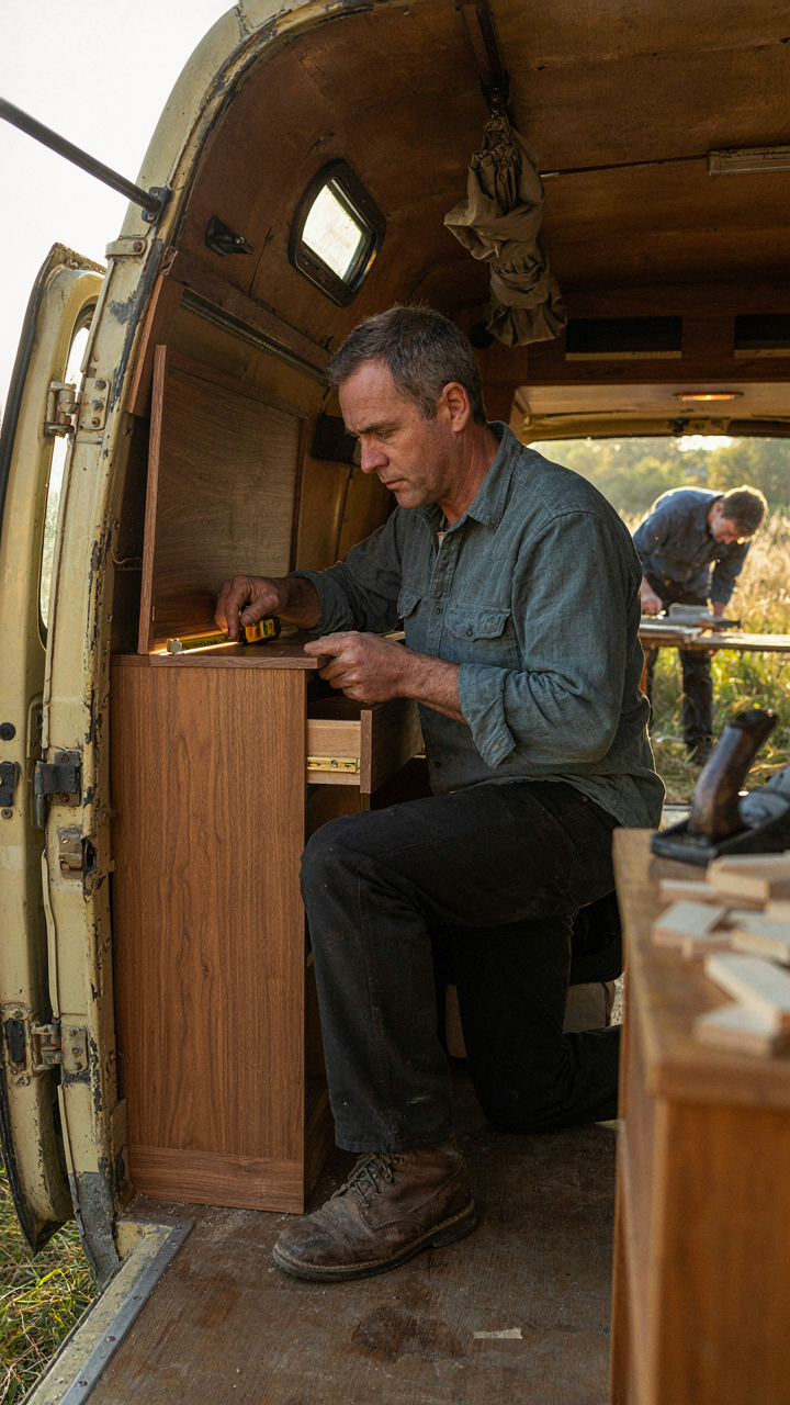 A craftsman fits custom furniture into a vintage camper.