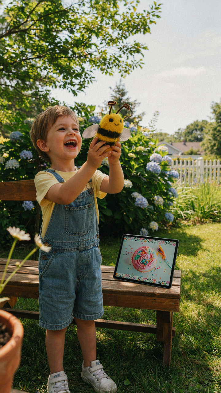 A child happily plays with a bee puppet, ignoring a perfect online party picture.