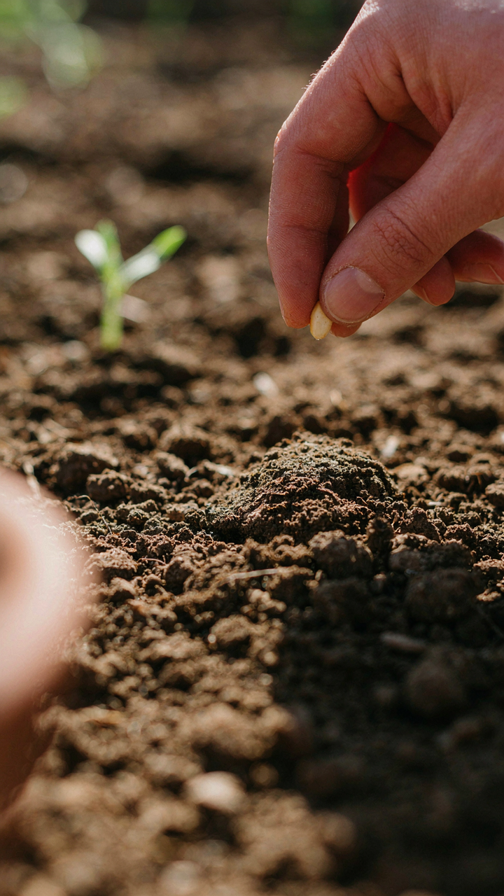 A hand holds a delicate seed, ready to plant it in rich soil.