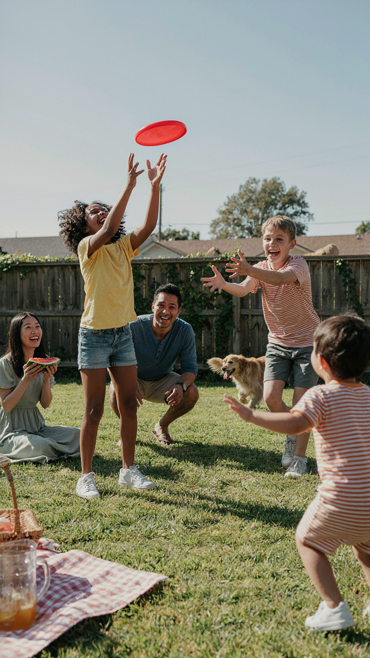 People are laughing and playing a simple game in a backyard.