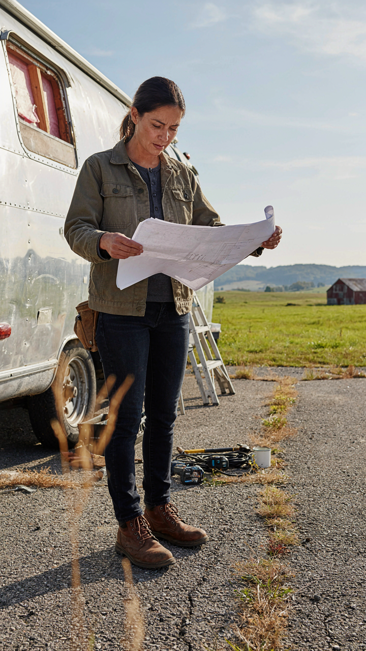 A determined person stands with a blueprint in front of a disassembled vintage camper.