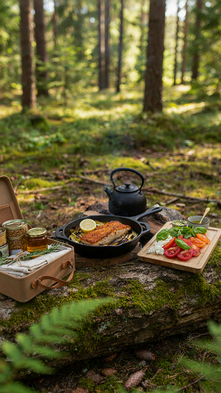 An elaborate outdoor meal is prepared with simple ingredients from a camp pantry box.