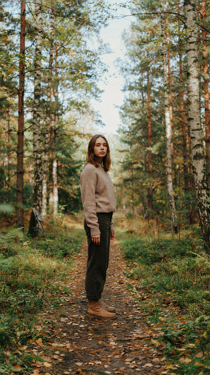 A person standing confidently at a crossroads in a serene forest.