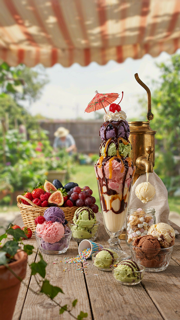 A whimsical ice cream sundae bar features many imaginative toppings and decorations.