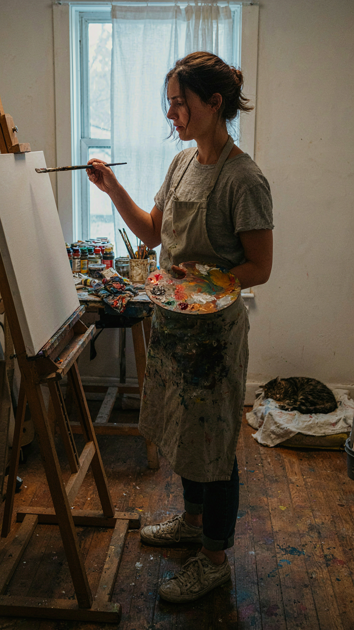 An artist in a studio looks intently at a small blank canvas with paints nearby.