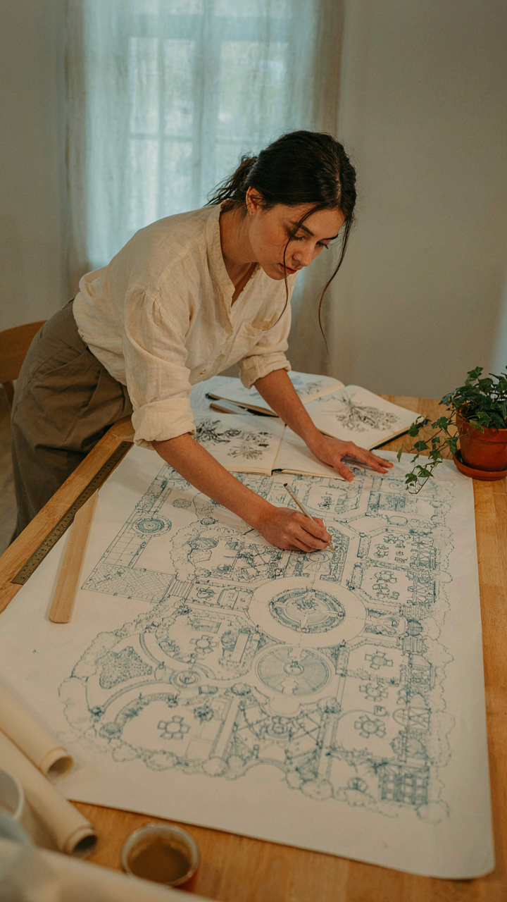 A person sketches a grand design for a lavish garden party on a blueprint.